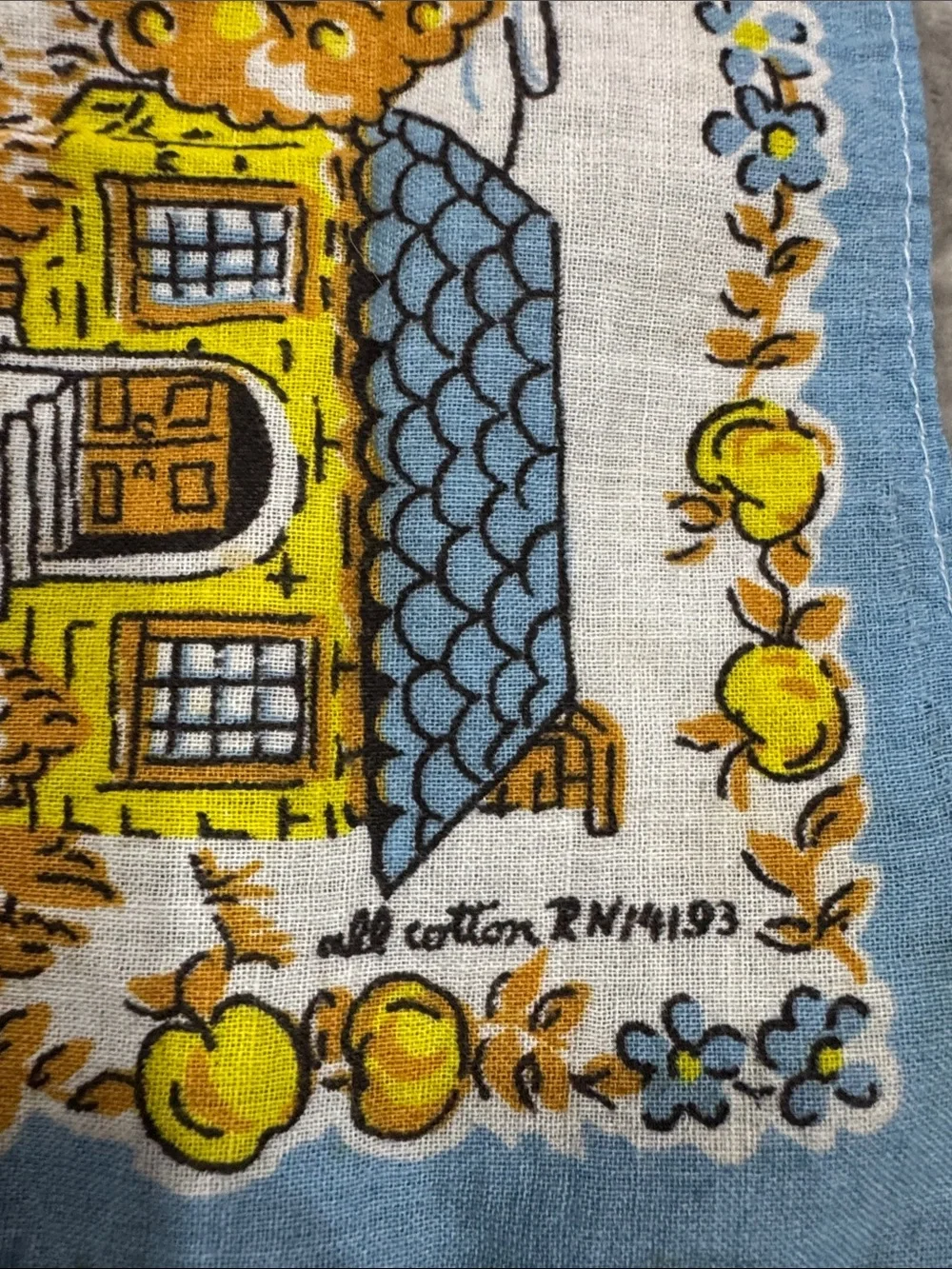 Vintage Blue & Yellow Storybook Cotton Handkerchief